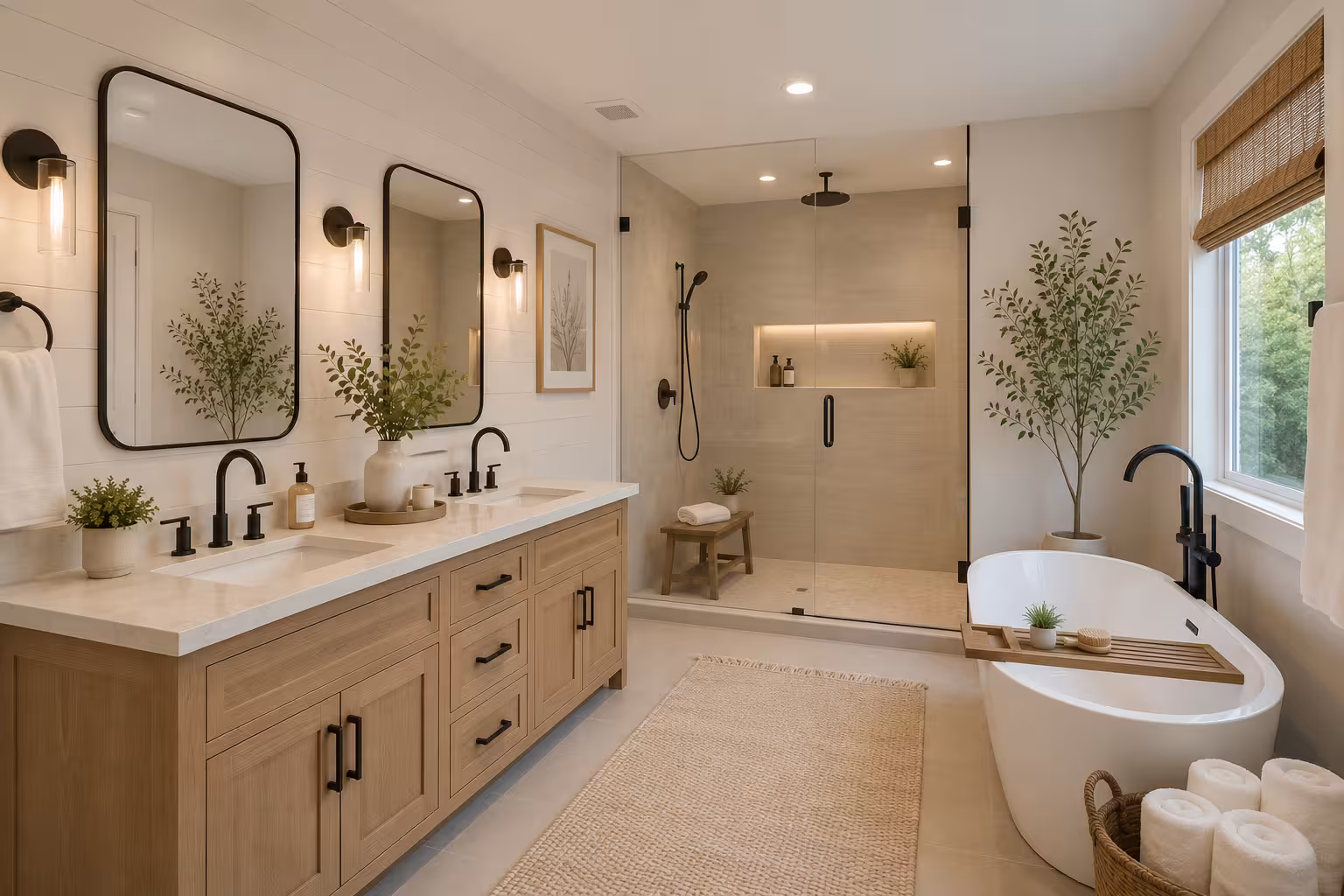 Bathroom with a white oak double vanity, black fixtures and mirrors, a glass walk-in shower with a lit niche, and a freestanding tub under the window, the layout a full bathroom remodel makes room for