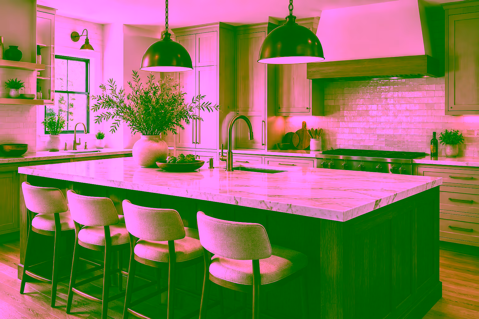 Kitchen island with a marble top, a dark panelled wood base and four upholstered stools, lit by two oversized brass dome pendants, the prep space and seating a kitchen island installation adds