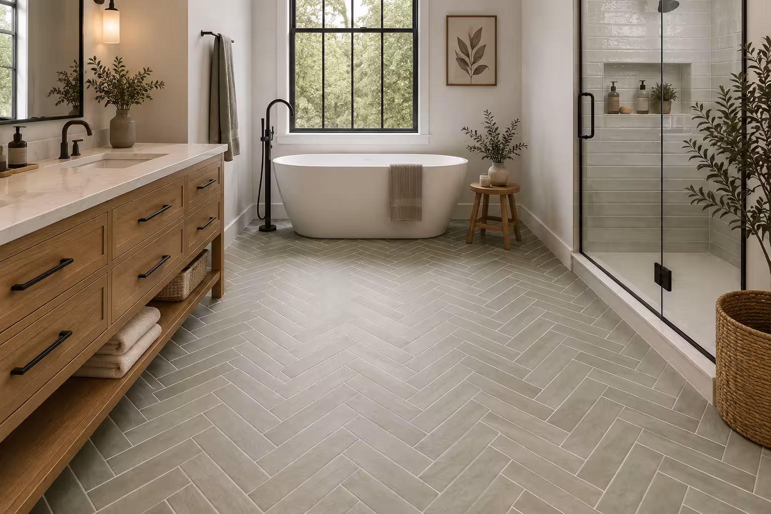 Grey herringbone tile floor running the length of a bathroom between a wood vanity and a glass shower