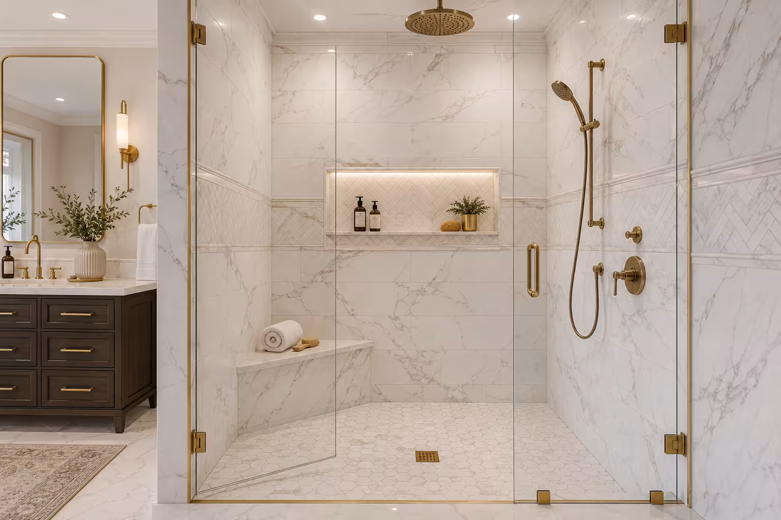 Shower tiled floor to ceiling in marble-look porcelain, with a herringbone accent band, a lit niche, a built-in bench, and a hex mosaic floor