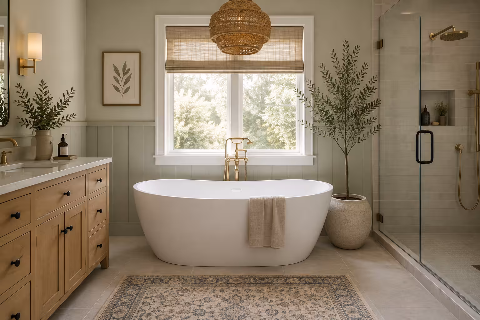 Freestanding white soaking tub set under a window against sage green wainscoting, with a floor-mounted brass filler