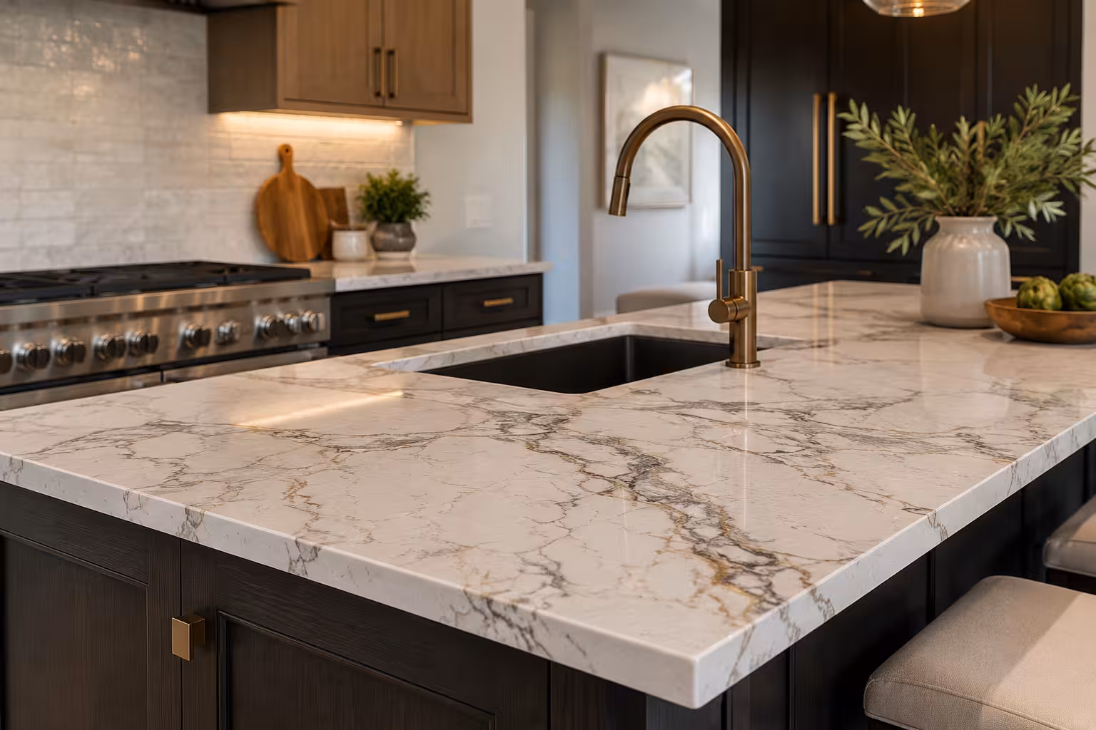 Close-up of a heavily veined white stone island countertop with a thick square edge, an undermount sink, and a brushed brass faucet