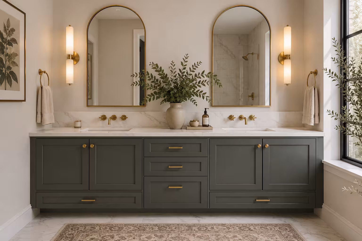 Olive green double vanity with a white stone top, two undermount sinks, wall-mounted brass faucets, and a pair of arched mirrors