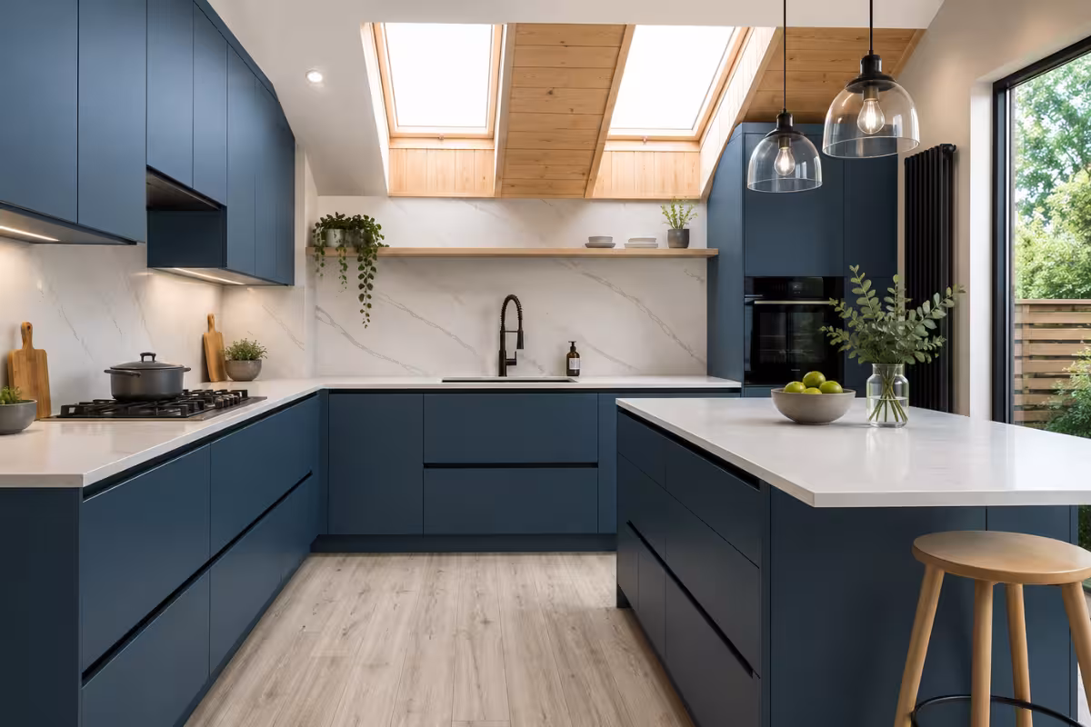 Handleless slate-blue kitchen cabinets running wall to wall under a sloped ceiling, with a marble-look backsplash and a matching island