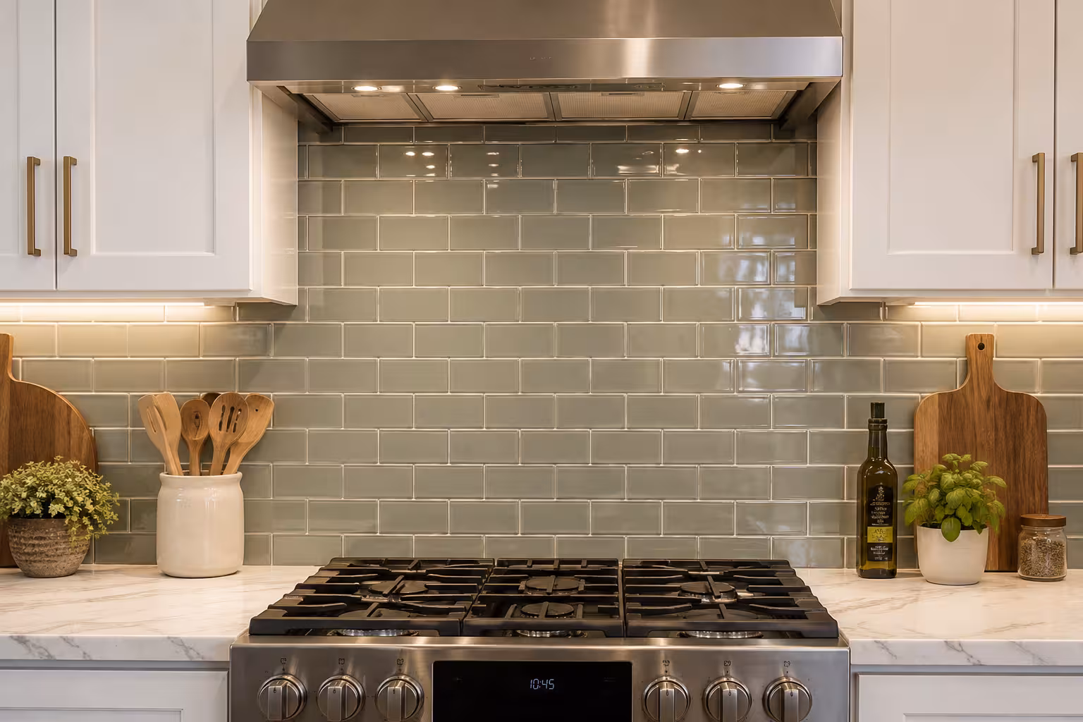 Sage green glass subway tile running from the counter to the hood over a stainless gas range