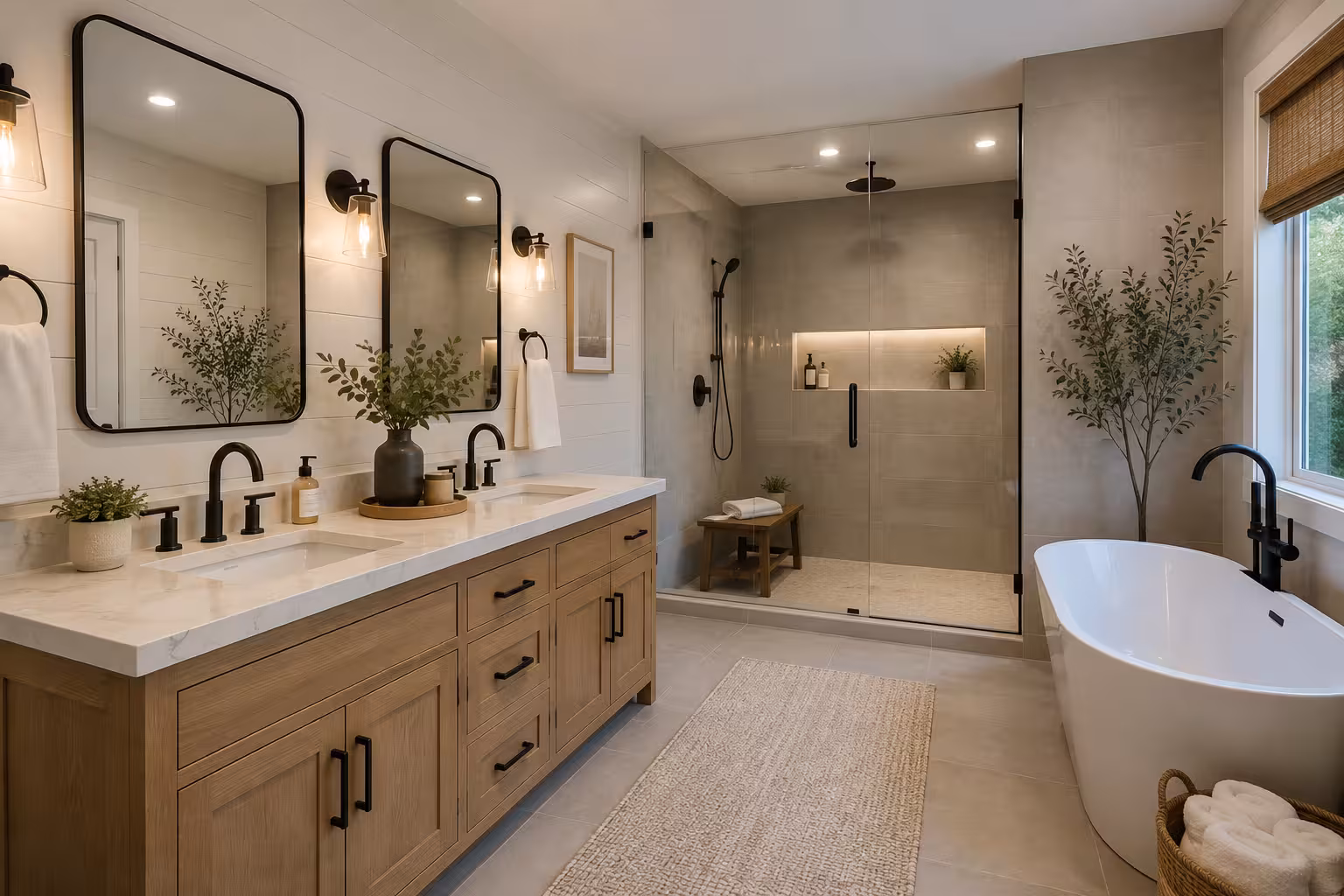 Full bathroom with a white oak double vanity, a glass shower with a bench, and a freestanding tub under the window