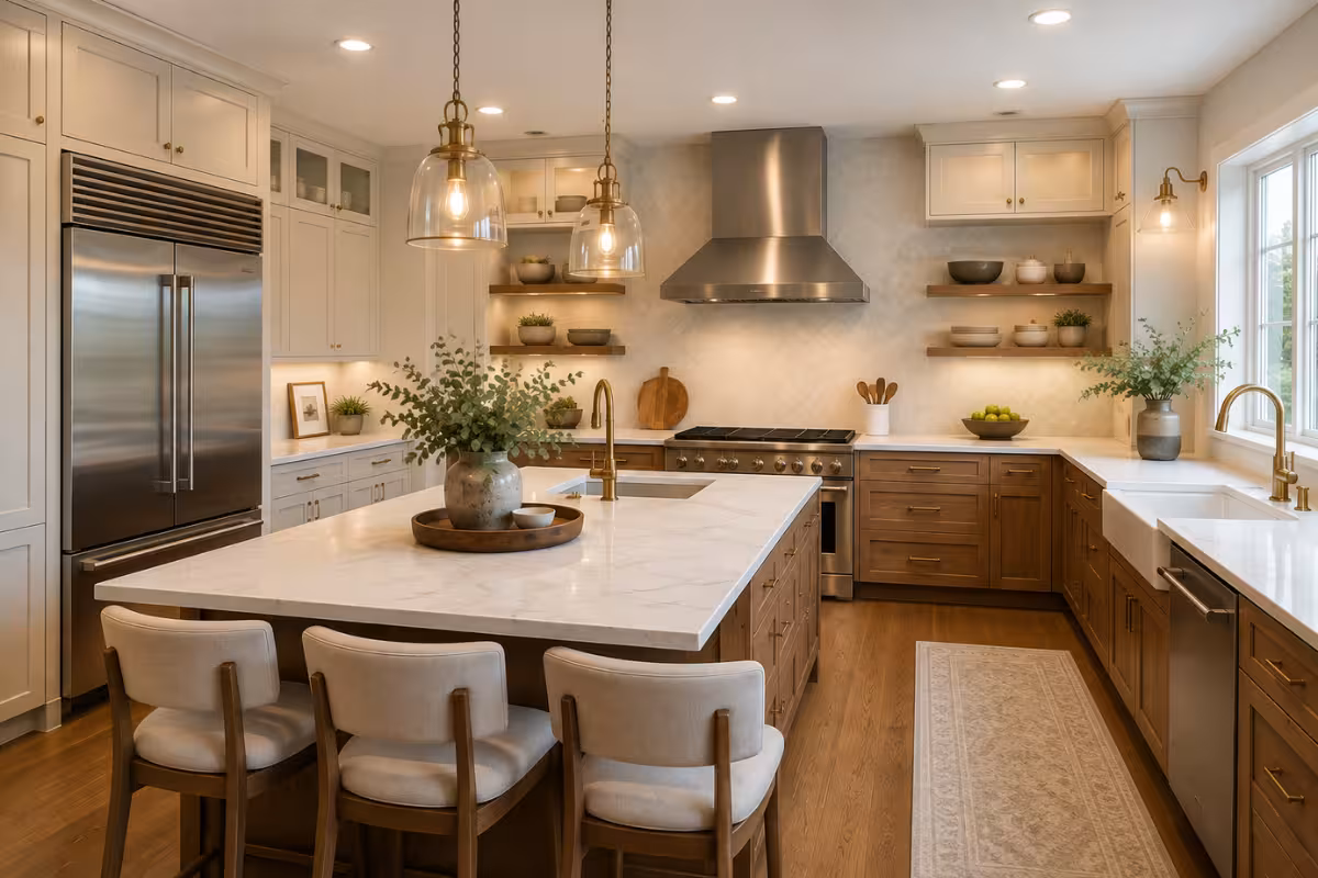 Kitchen with walnut base cabinets, cream uppers, and a white quartz island with seating