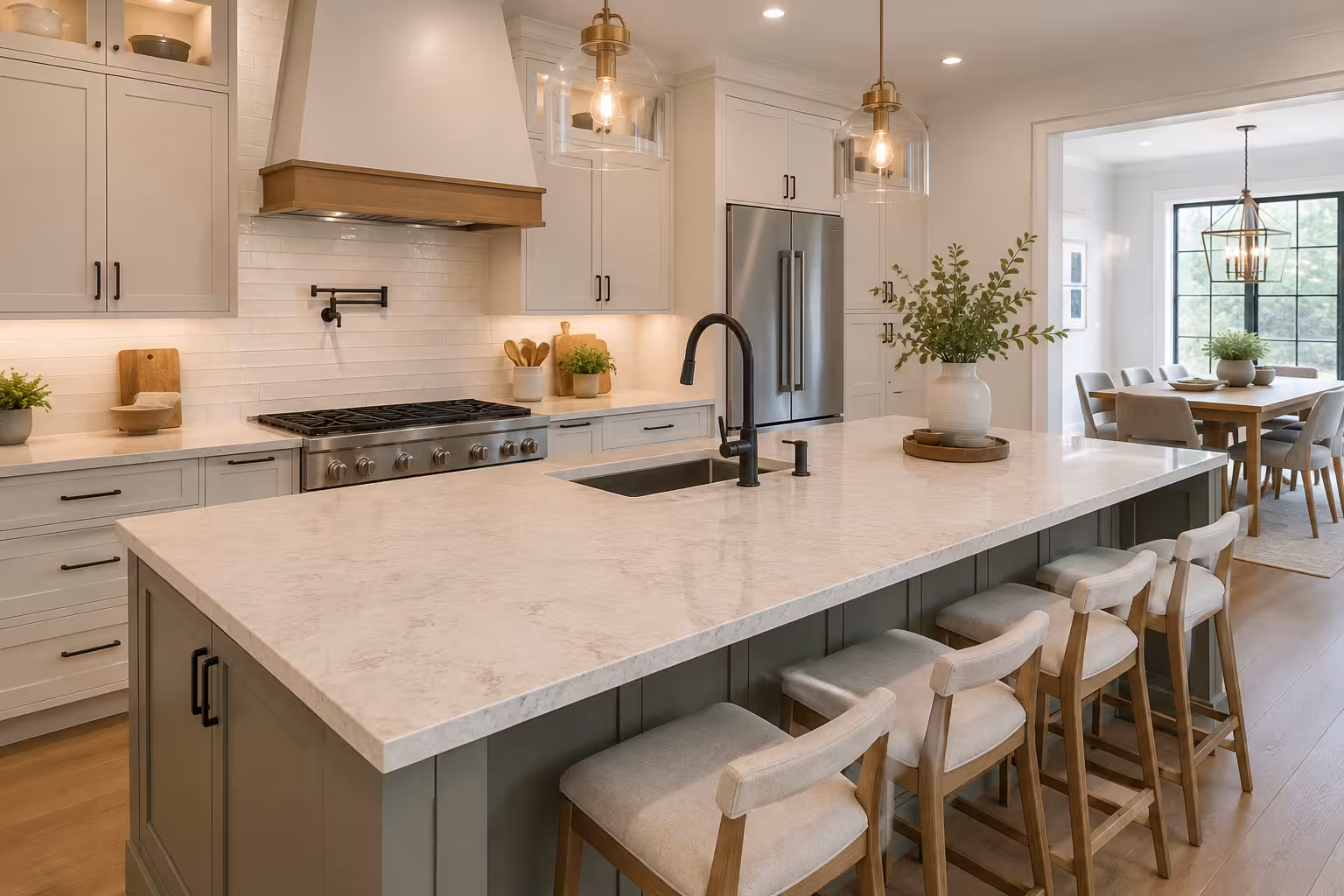 Large sage-green kitchen island with a pale stone top, an undermount sink, and four bar stools along one side