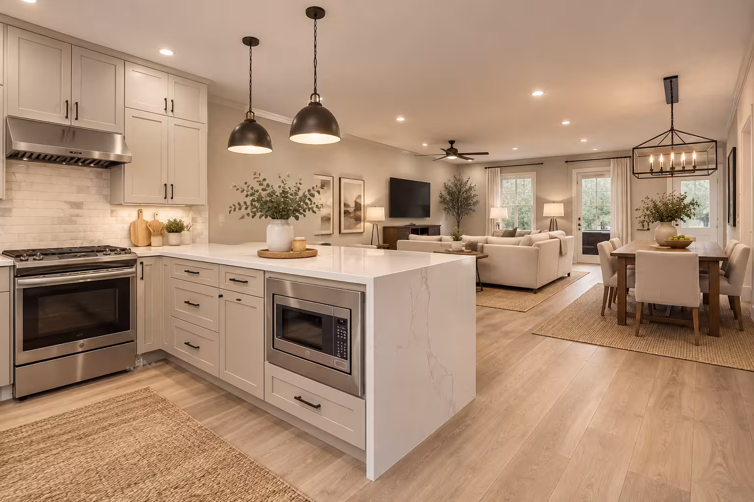 Kitchen with a white peninsula opening straight into a living room and dining area with no wall between them