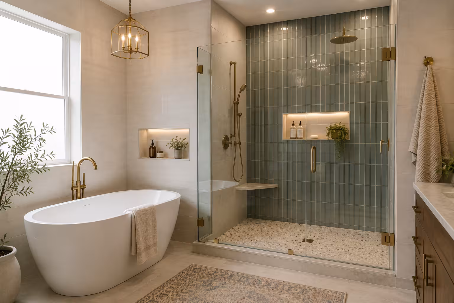 Glass walk-in shower lined with green vertical tile, a lit niche and a corner bench, next to a freestanding soaking tub