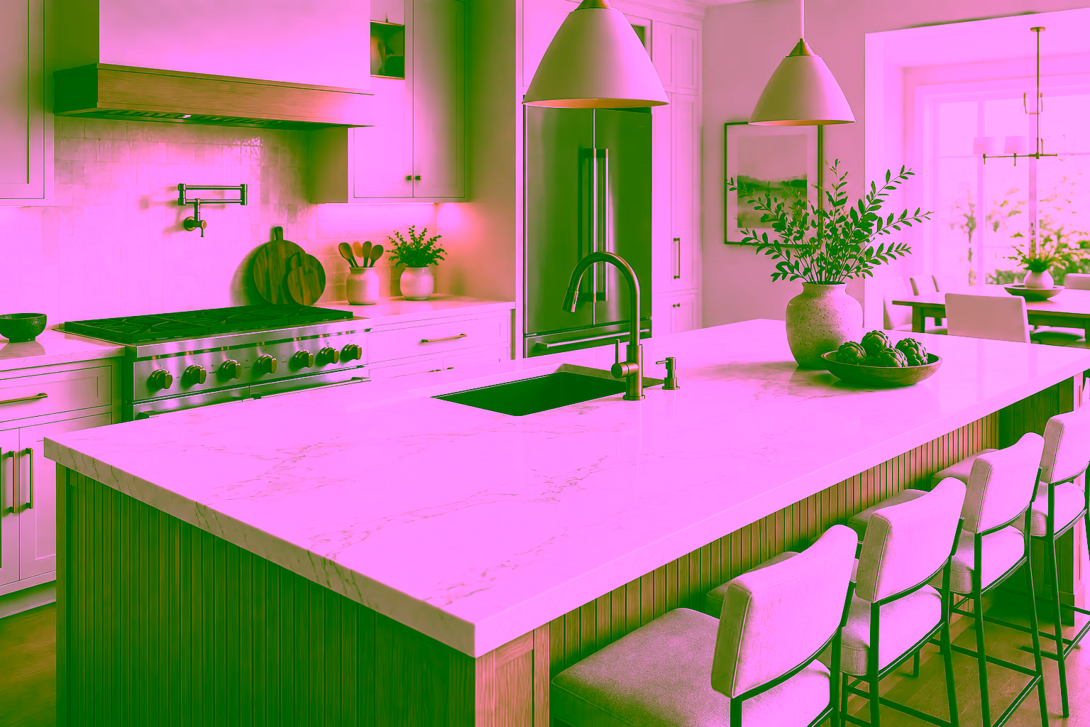 Kitchen with white shaker cabinets, brass pulls, a wood-slat island base and a marble waterfall countertop, the cabinetry a kitchen cabinet installation or refinishing project changes