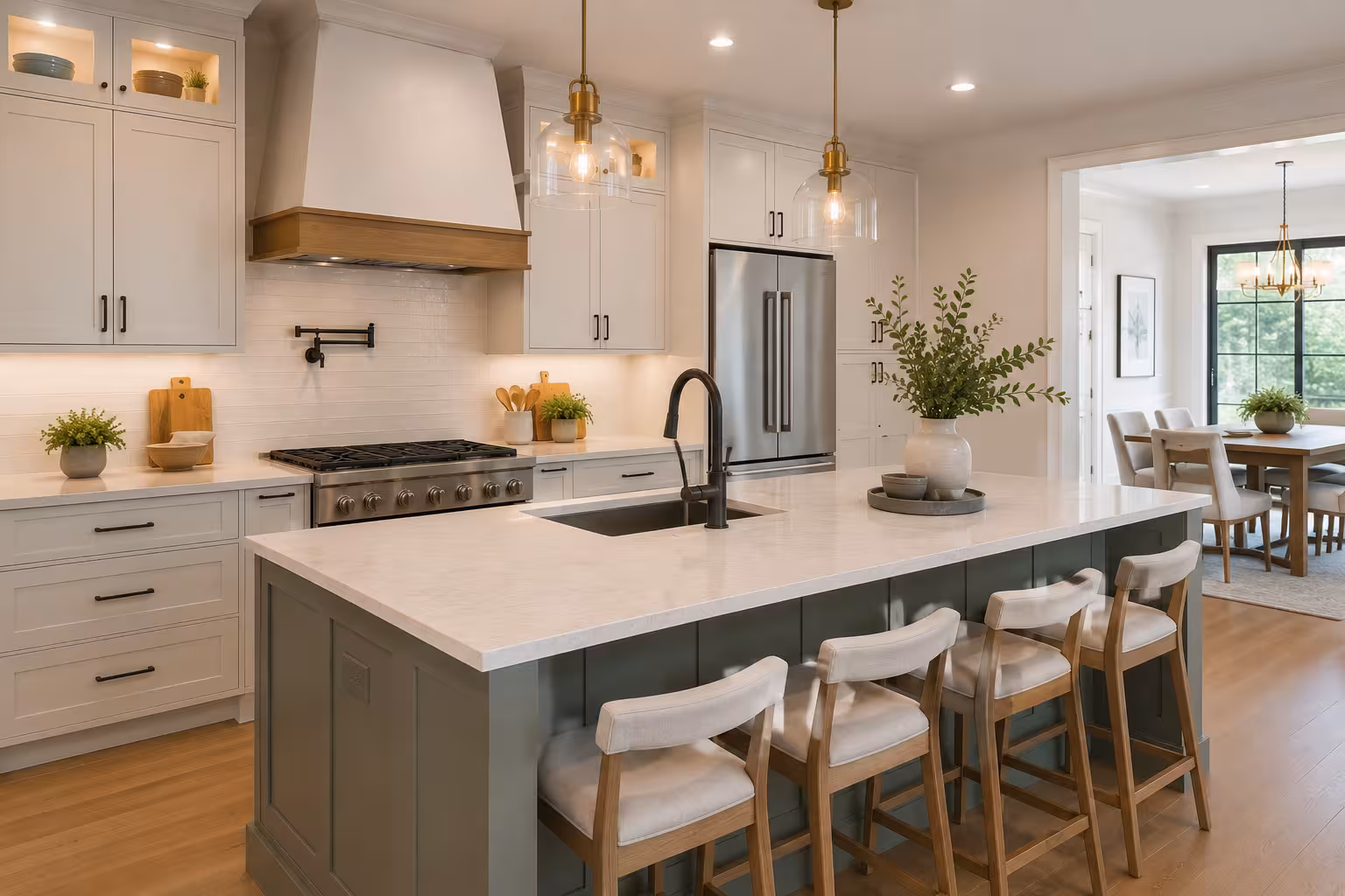 Kitchen with cream shaker cabinets, a sage green island topped in white quartz with seating for four, and brass pendants over a wood-trimmed range hood, the open layout a full kitchen remodel is built around