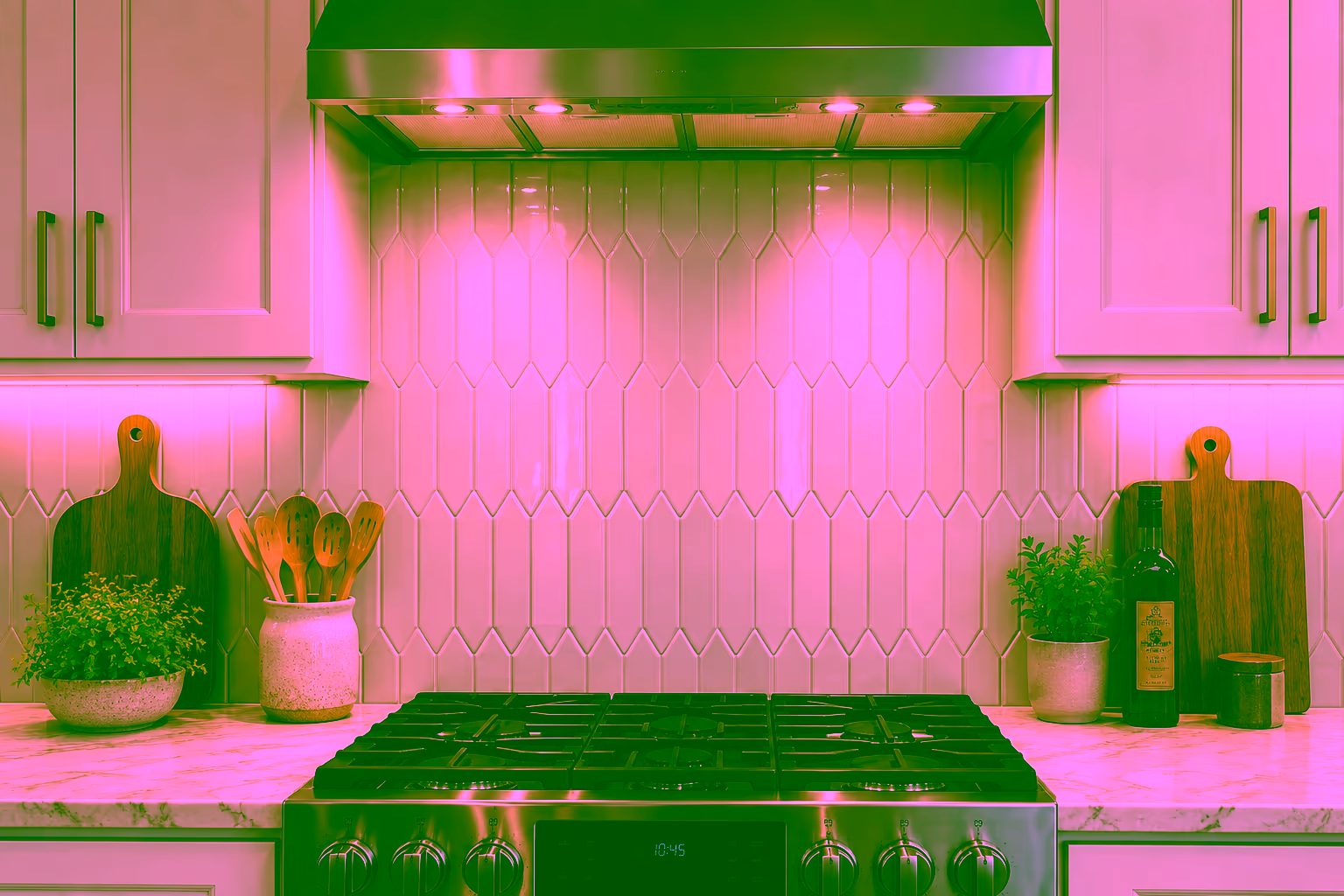 Cream picket tile backsplash running from the countertop to a stainless hood above a gas range, framed by white cabinets with brass pulls and a marble-look counter, the finish a tile backsplash installation leaves